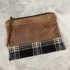 Rais Case Clutch Pouch Wallet Bag Tan Leather Flannel Plaid Made in USA